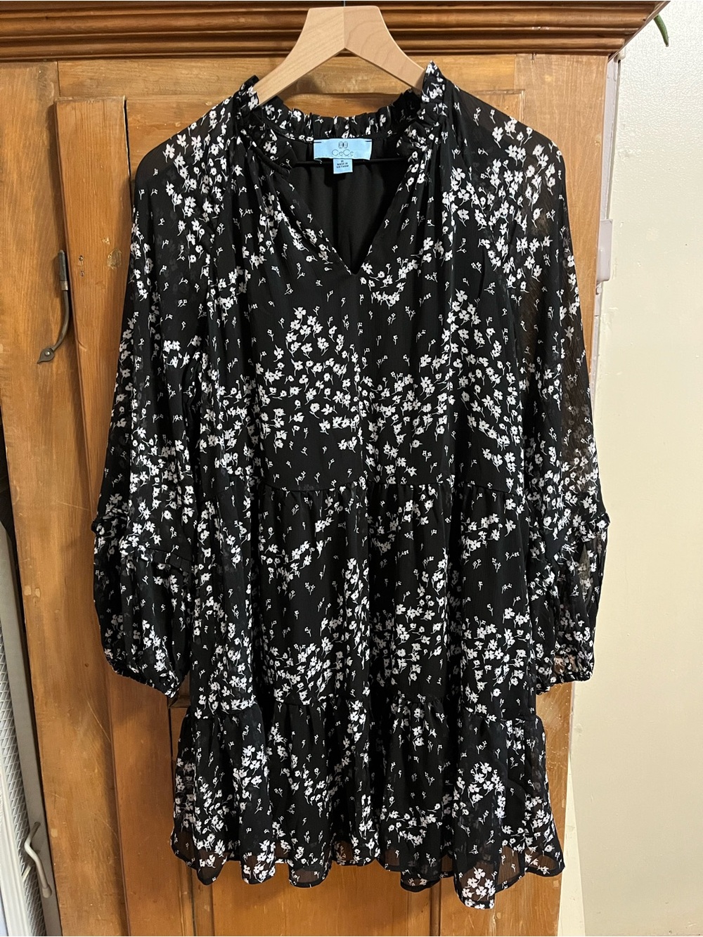 Cece Black Floral Print Sheer Long Sleeve Mini Dress V-Neck